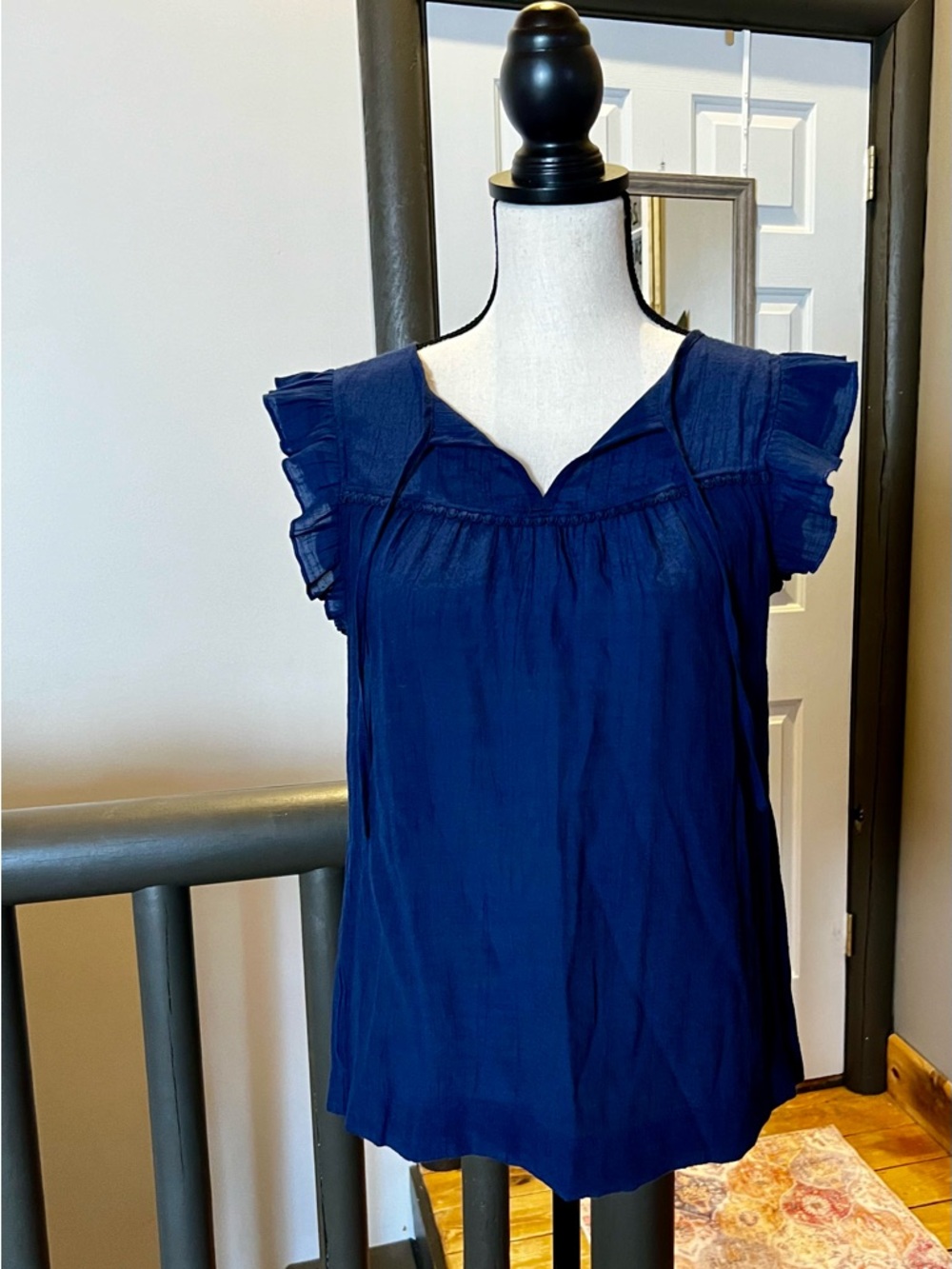 Counterparts Navy Ruffle Cap-Sleeve Blouse